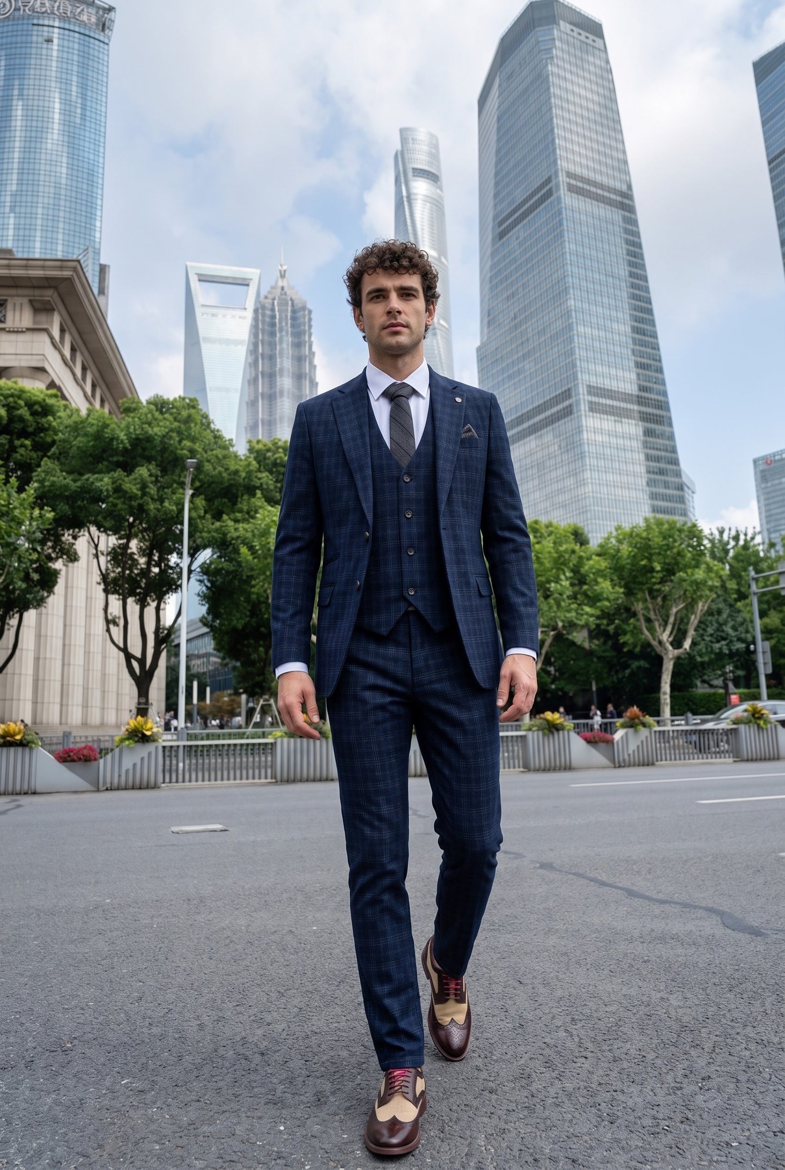 Look #570 styled with Marcos - meeste tumesinine ruuduline slim fit kolmeosaline ülikond