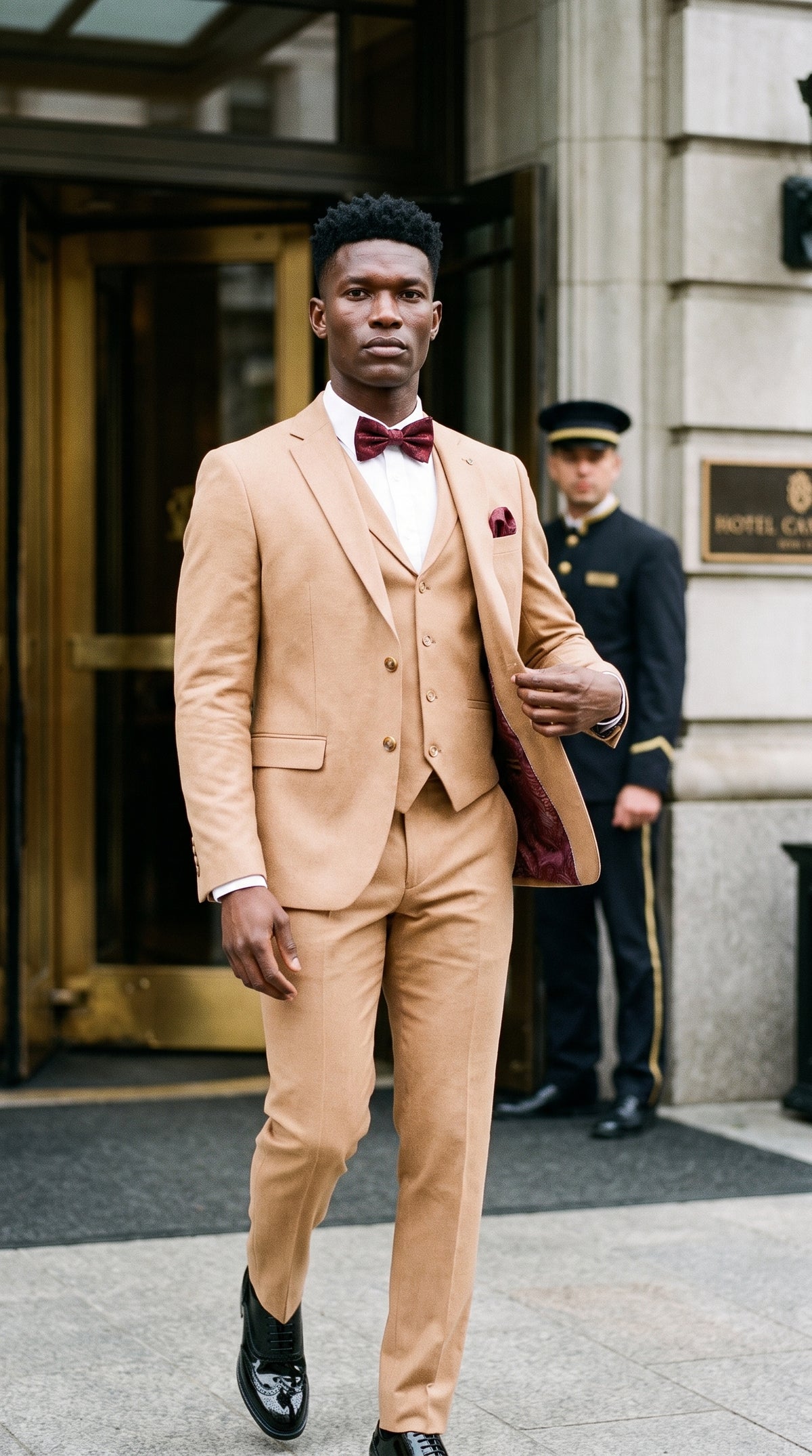 Look #644 styled with TP-23 - Meeste kaamelivärvi kolmeosaline linane suvine pulmaülikond
