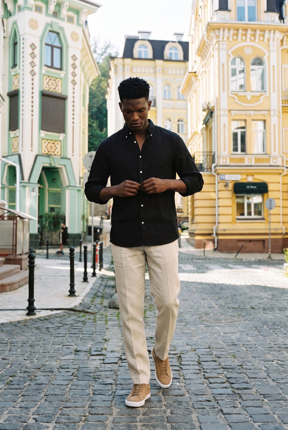 Look #1015 styled with Meeste must puhtast linasest pikkade varrukatega nööpidega suvesärk