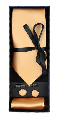 Satiinist siidist kuldne lipsukomplekt, taskurätik, mansetinööbid, läikiv satiin