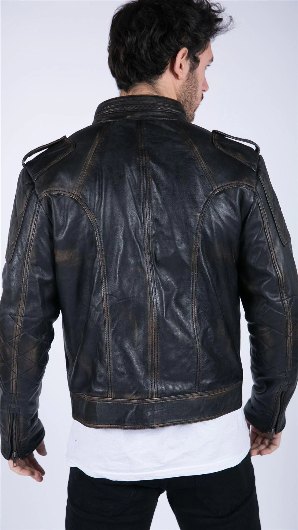 Meeste retro ehtsast nahast must pruun pestud võidusõidujakk biker-lukuga õhuke