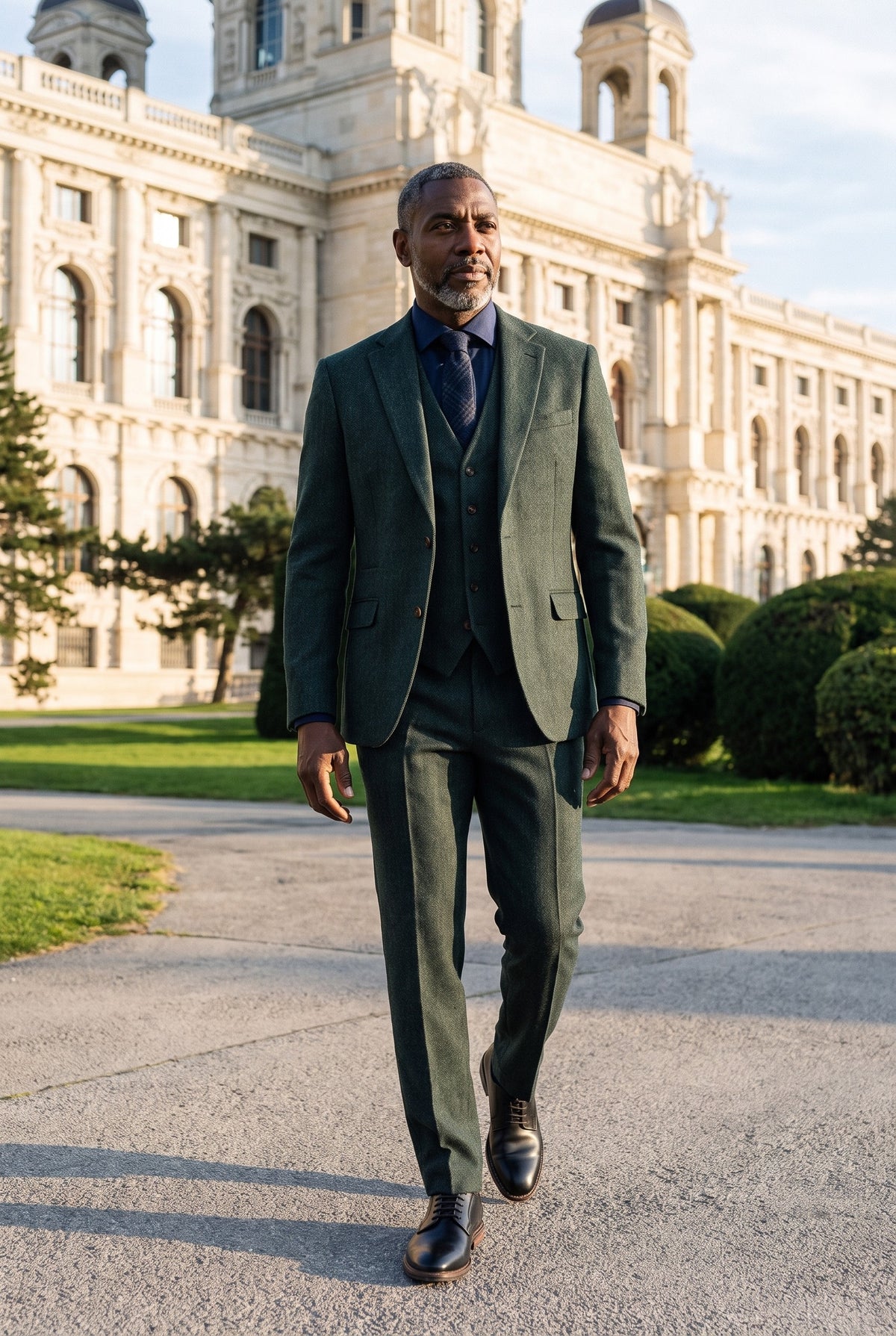 Look #957 styled with Thomas - oliivroheline kolmeosaline villasegu tviidülikond