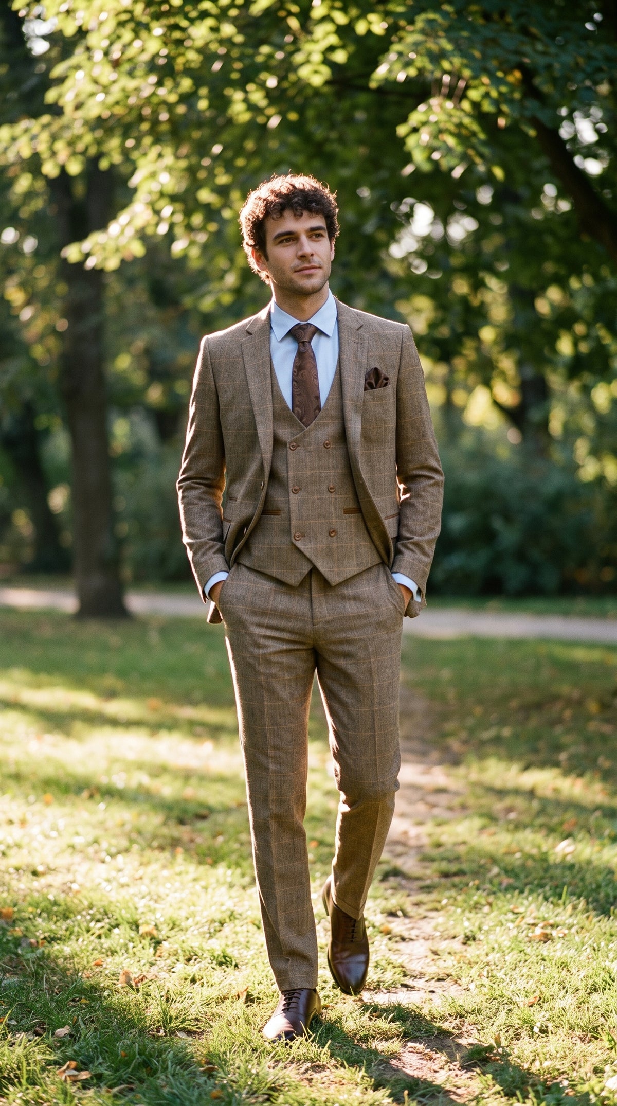 Look #343 styled with Meeste kolmeosaline kalasabamustriga tviidülikond, helepruun ruuduline, rätsepatööna valminud topeltklassikaline ülikond
