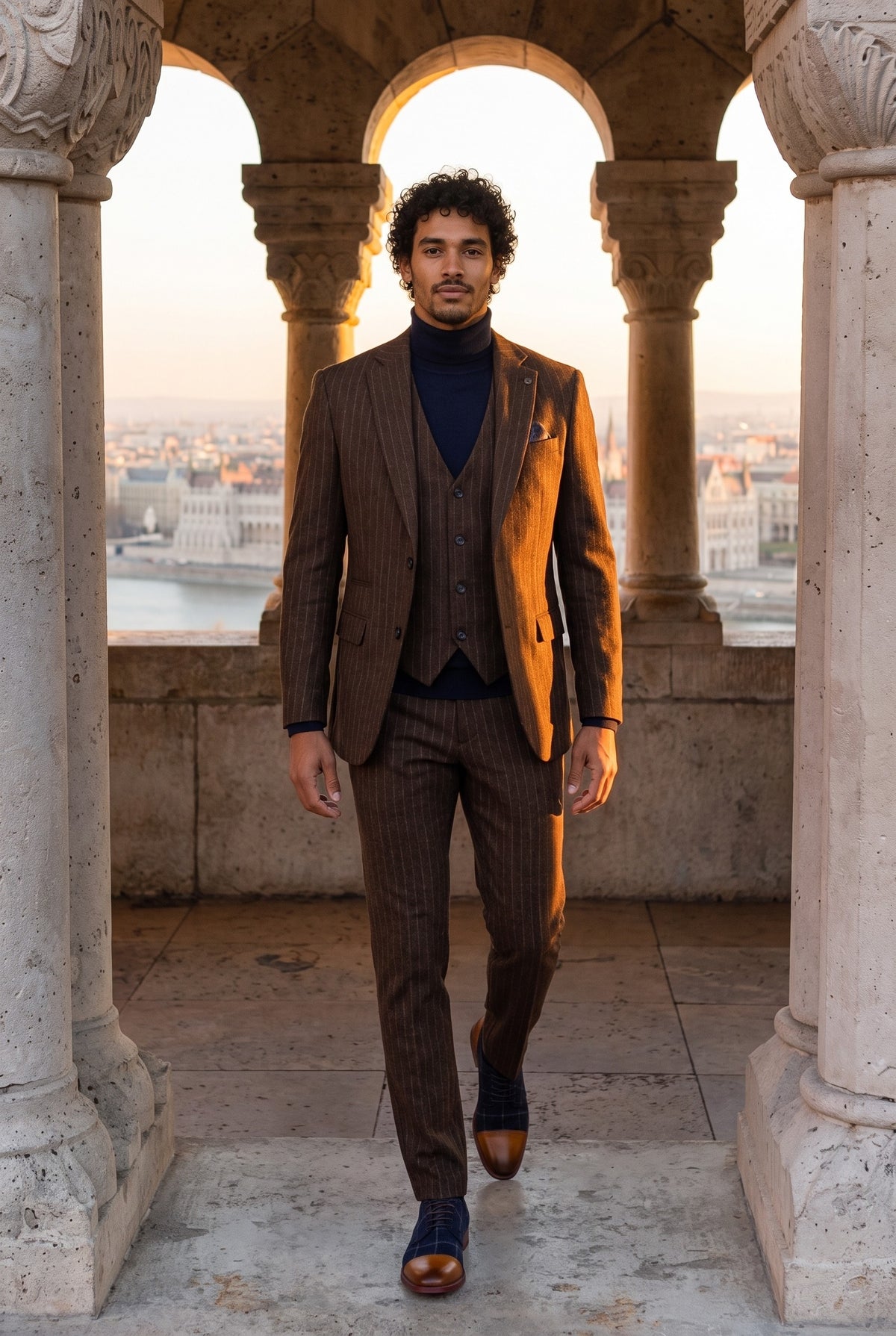 Look #959 styled with Meeste pruun triibuline kitsas kolmeosaline ülikond