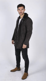 Meeste ehtsast lambanahast mantel, pruun, vintage klassikaline 3/4 jakk, nööpidega V-kaelusega