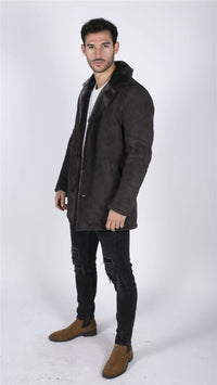 Meeste ehtsast lambanahast mantel, pruun, vintage klassikaline 3/4 jakk, nööpidega V-kaelusega