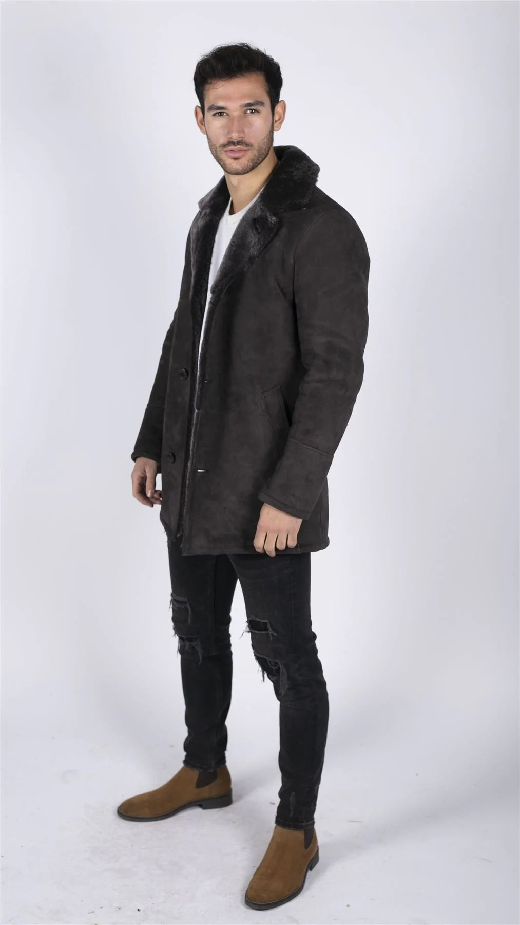 Meeste ehtsast lambanahast mantel, pruun, vintage klassikaline 3/4 jakk, nööpidega V-kaelusega