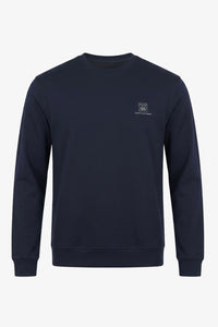 Meeste tumesinine puuvillasegu ümara kaelusega dressipluus pikkade varrukatega veniv pullover