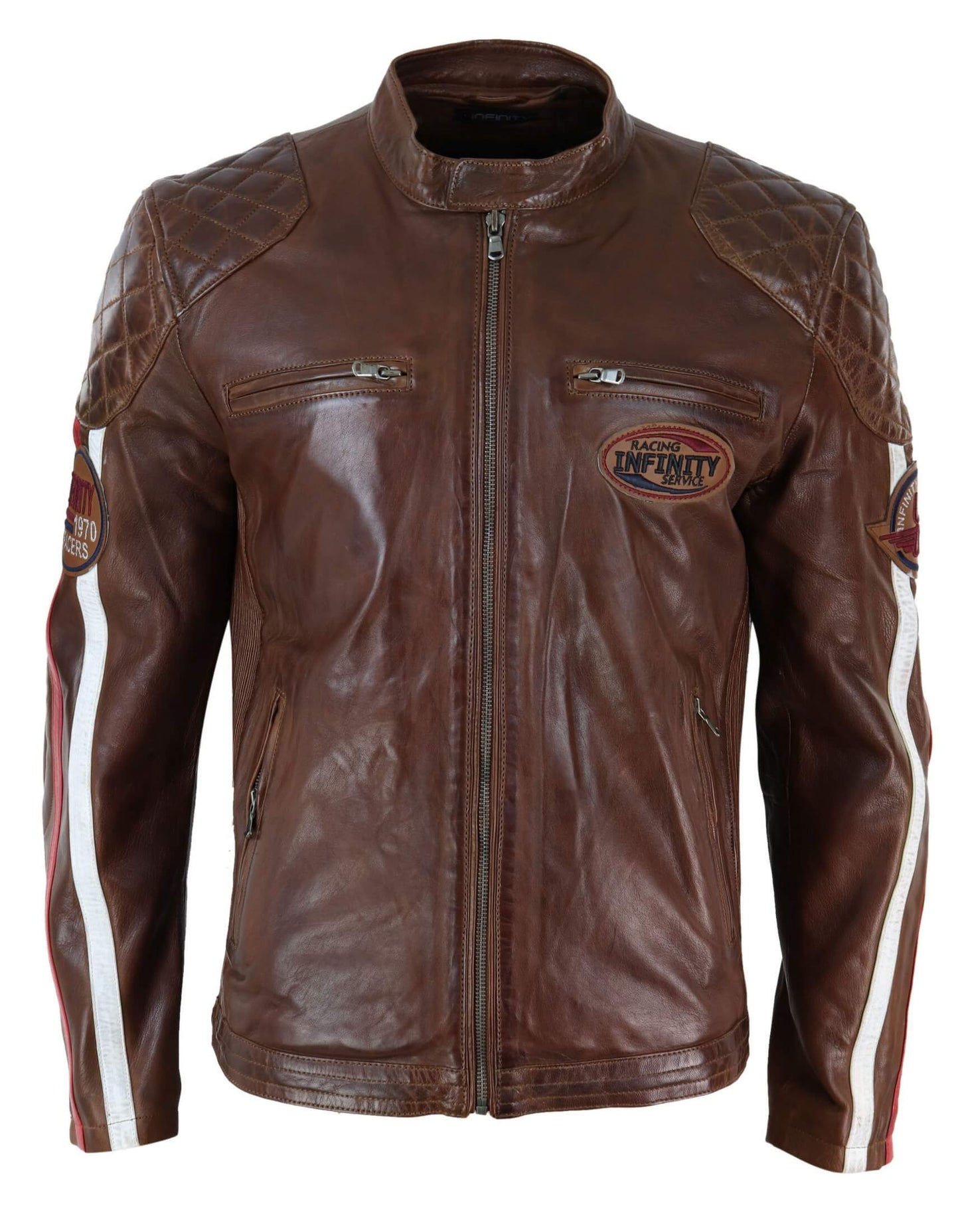 Ehtne nahk, must tumesinine pruun meeste võidusõidujakk triibuliste varrukatega mootorratturitele - Timber