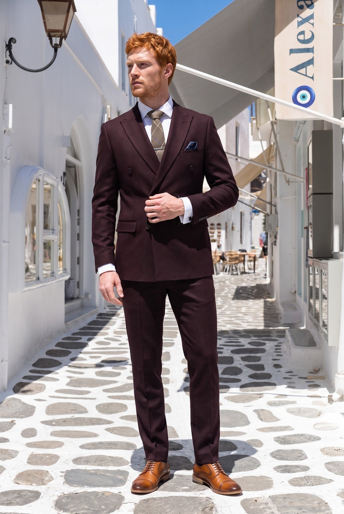Look #732 styled with Regent - meeste burgundipunane kaheosaline topeltreaga ülikond