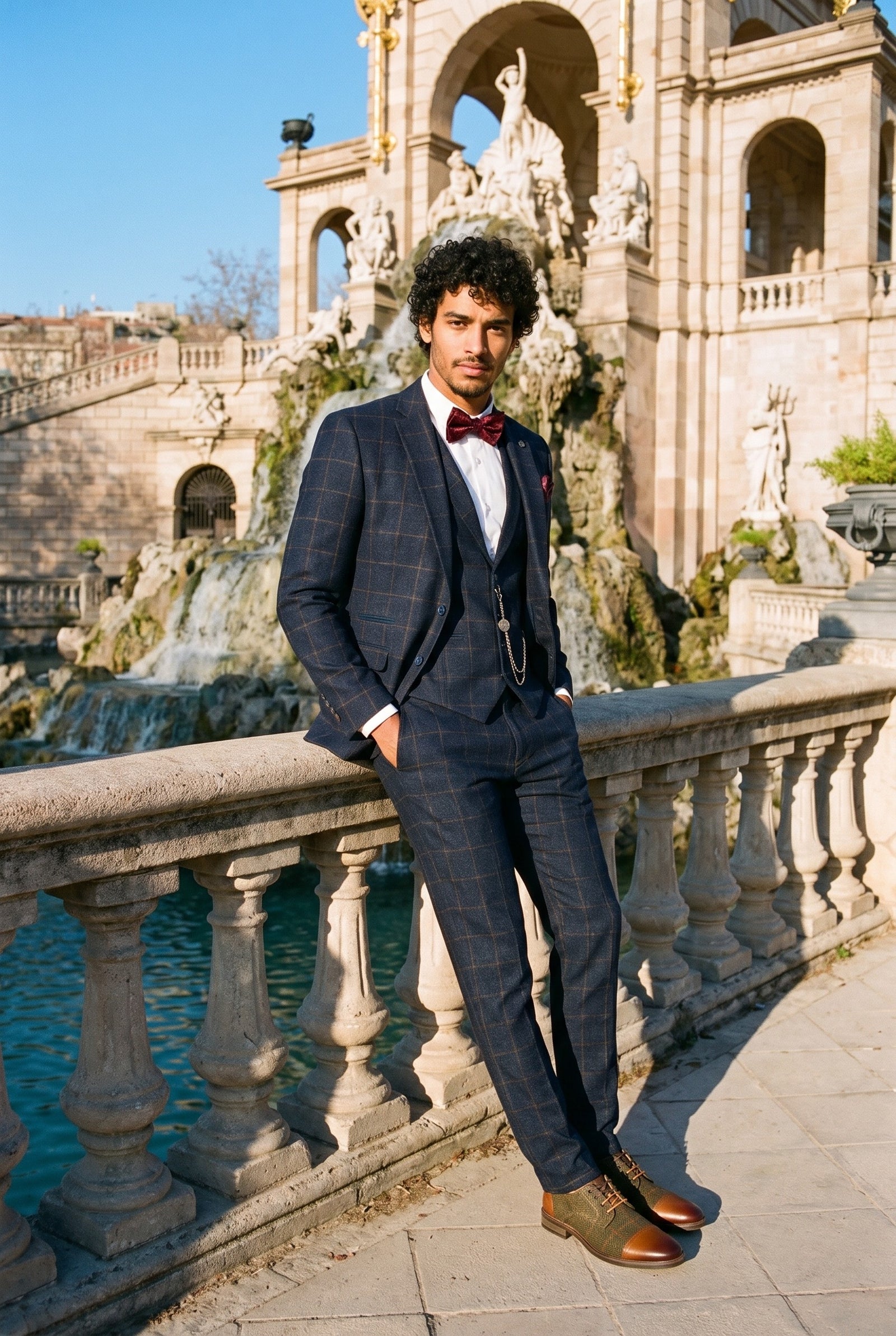 Look #728 styled with Meeste kolmeosaline villane tviidülikond tumesinine pruunide ruududega 1920ndate Gatsby mustriga