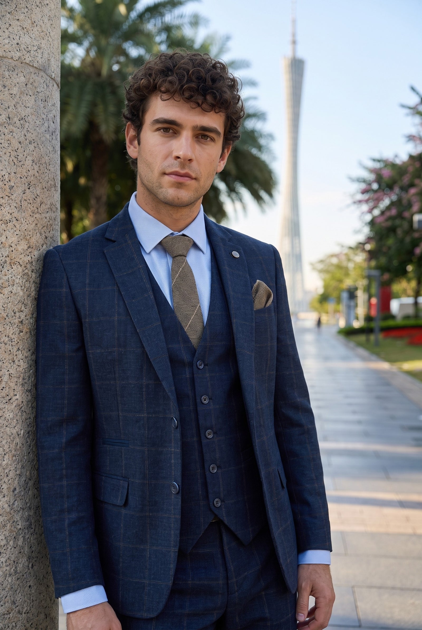 Look #729 styled with Meeste kolmeosaline villane tviidülikond tumesinine pruunide ruududega 1920ndate Gatsby mustriga
