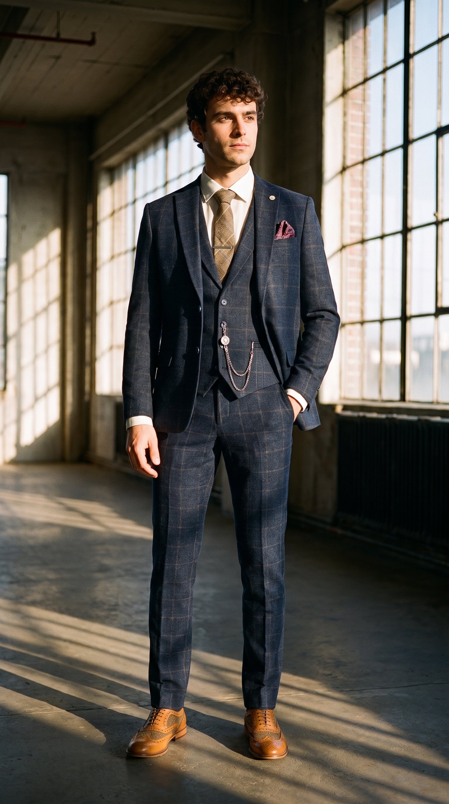 Look #725 styled with Meeste kolmeosaline villane tviidülikond tumesinine pruunide ruududega 1920ndate Gatsby mustriga