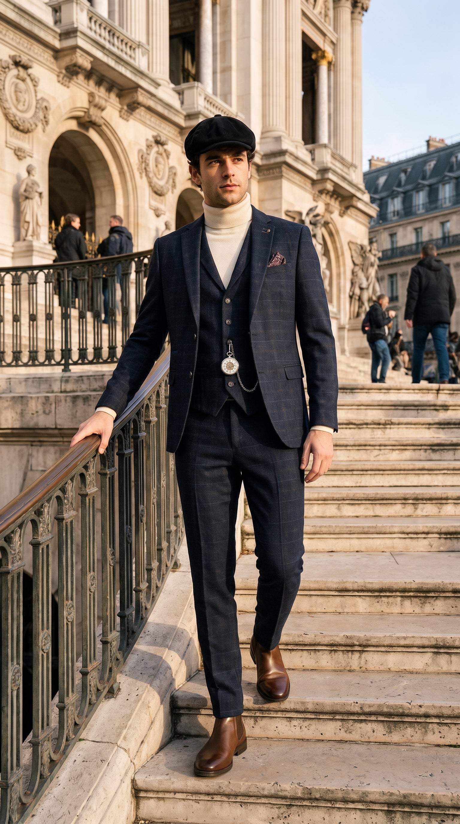 Look #133 styled with Ryan meeste tumesinine kolmeosaline tviidülikond, mis on kitsa lõikega