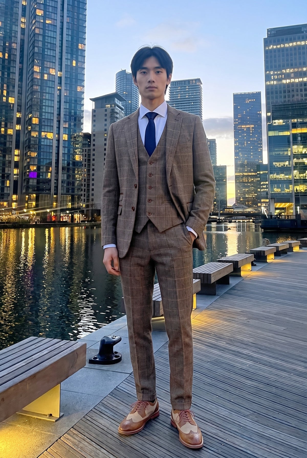 Look #536 styled with Harris - meeste pruun kolmeosaline kalasabamustriga ruuduline tviidülikond