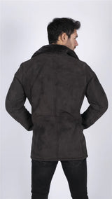 Meeste ehtsast lambanahast mantel, pruun, vintage klassikaline 3/4 jakk, nööpidega V-kaelusega