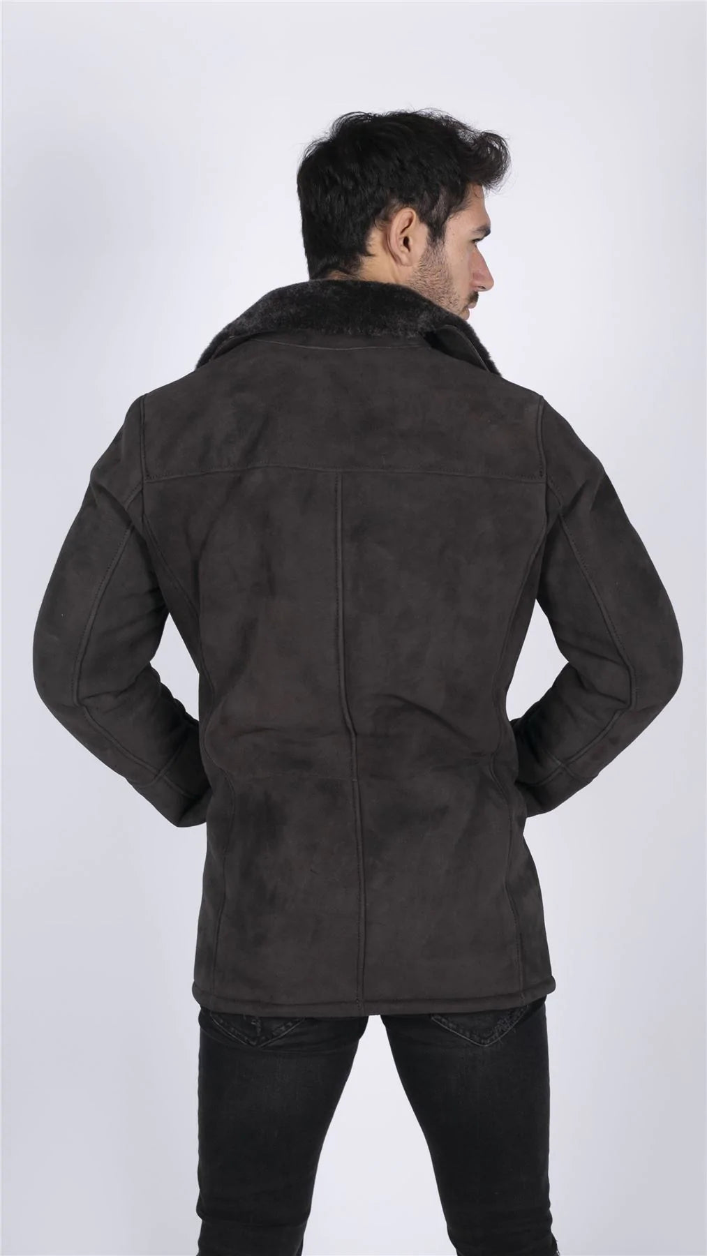 Meeste ehtsast lambanahast mantel, pruun, vintage klassikaline 3/4 jakk, nööpidega V-kaelusega