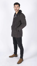 Meeste ehtsast lambanahast mantel, pruun, vintage klassikaline 3/4 jakk, nööpidega V-kaelusega