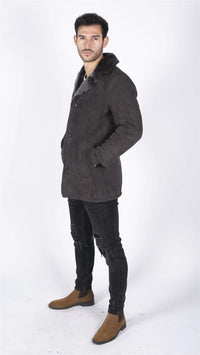 Meeste ehtsast lambanahast mantel, pruun, vintage klassikaline 3/4 jakk, nööpidega V-kaelusega