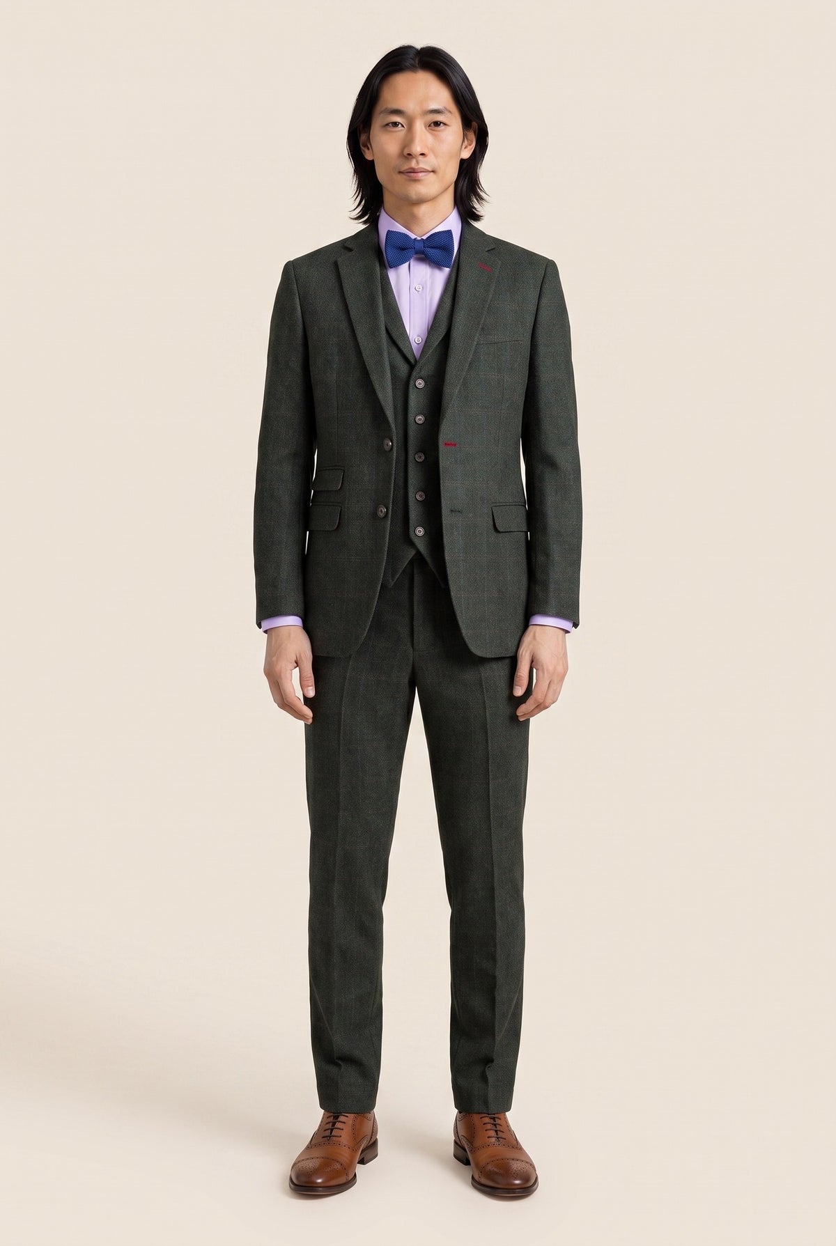 Look #1003 styled with Joshua meeste kolmeosaline roheline tviidülikond Slim Fit