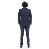 Meeste kolmeosaline ülikond, tumesinine ruuduline kontrastse mustriga vestiga püksid, rätsepatööna valminud pulmad