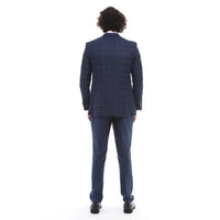 Meeste kolmeosaline ülikond, tumesinine ruuduline kontrastse mustriga vestiga püksid, rätsepatööna valminud pulmad