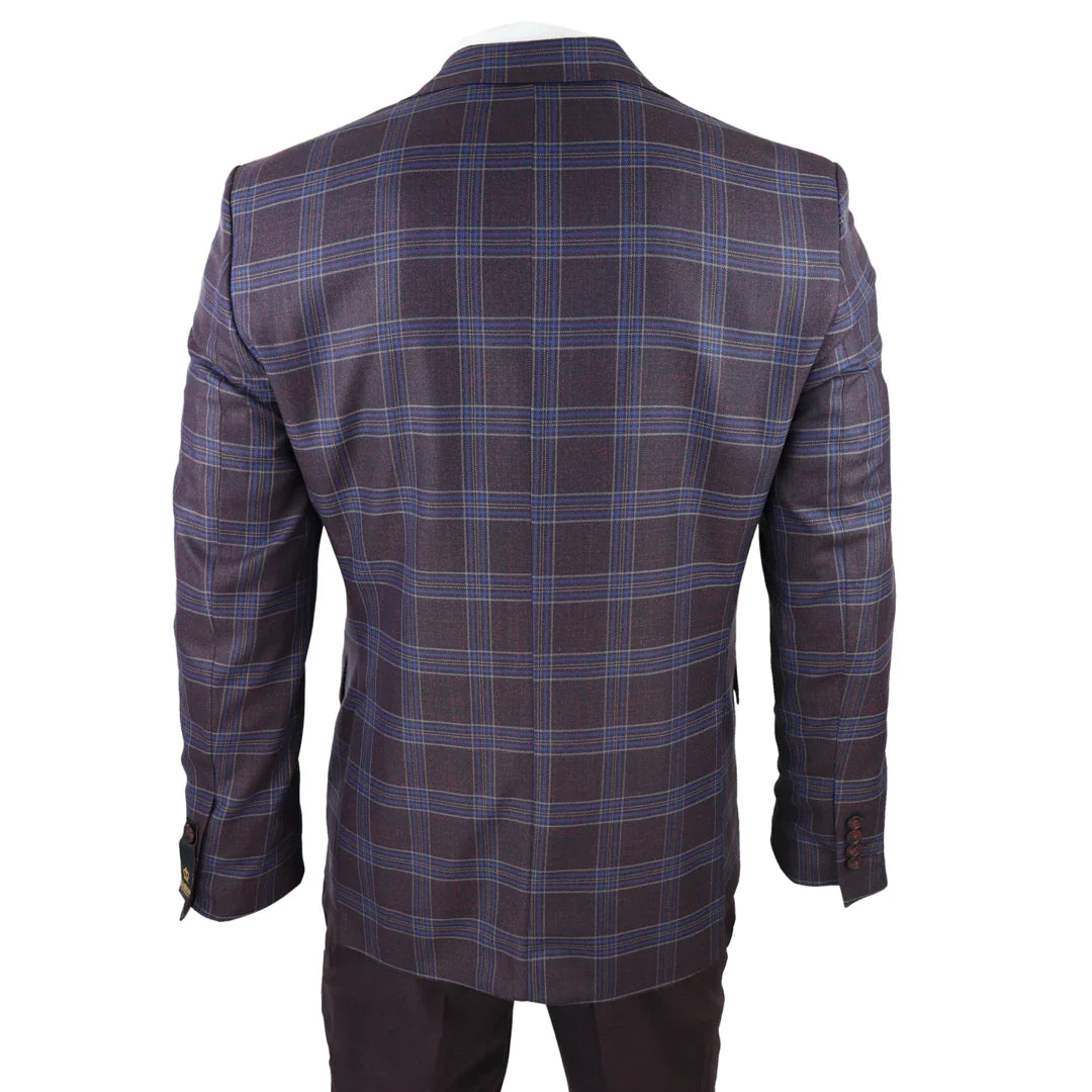 Meeste kolmeosaline ülikond lilla-sinine ruuduline kontrastse vestiga püksid pulmadeks