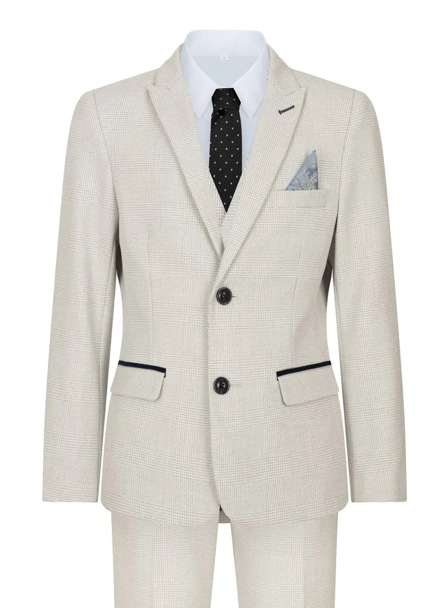 Poiste kolmeosaline kreemikas tviidülikond pulmapeole ruuduline rätsepatööna valminud elegantne pidulik ülikond