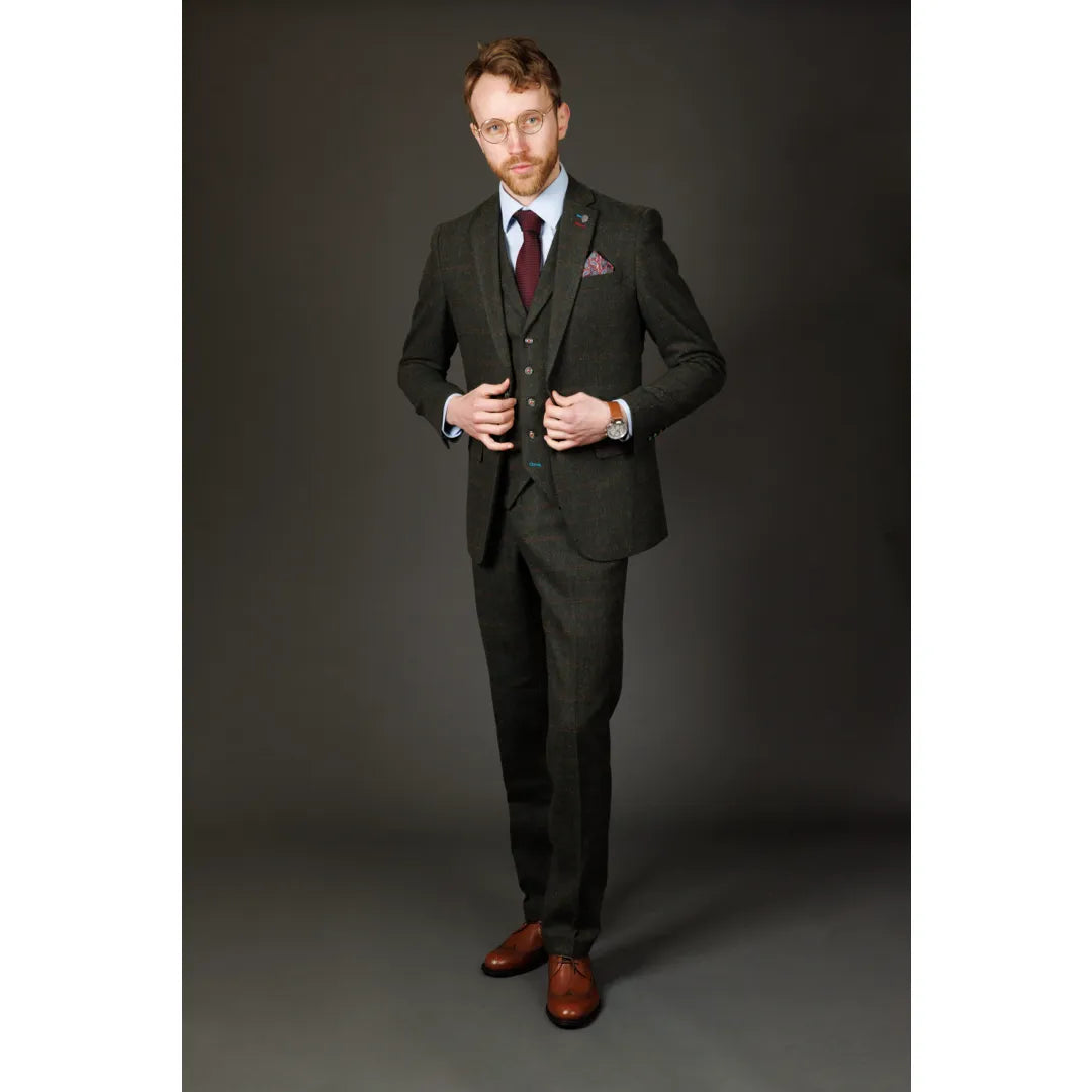 Joshua meeste kolmeosaline roheline tviidülikond Slim Fit