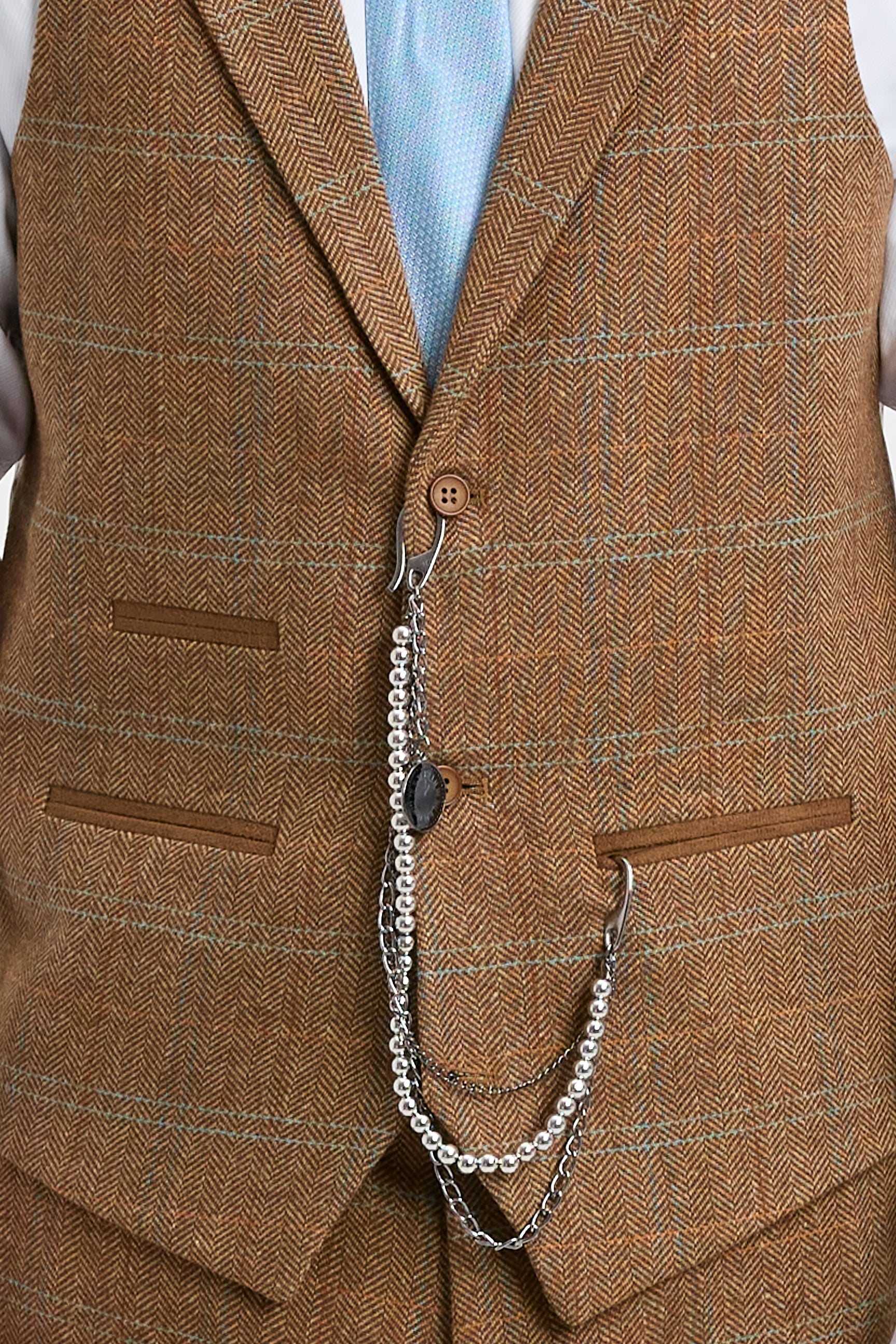 Meeste kolmeosaline villane tviidülikond kalasabamustriga, helepruun, sinine, ruuduline 1920ndate Gatsby