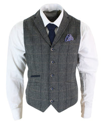 Cavani Albert - meeste klassikaline tviidmustriga kalasabamustriga ruuduline pruun-hall kitsas vintage-vest - tumesinine