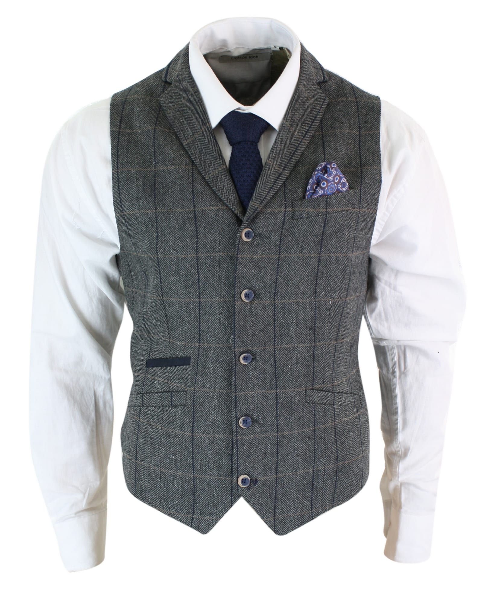 Cavani Albert - meeste klassikaline tviidmustriga kalasabamustriga ruuduline pruun-hall kitsas vintage-vest - tumesinine