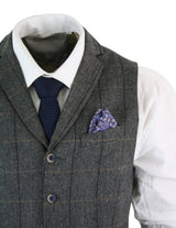 Cavani Albert - meeste klassikaline tviidmustriga kalasabamustriga ruuduline pruun-hall kitsas vintage-vest - tumesinine