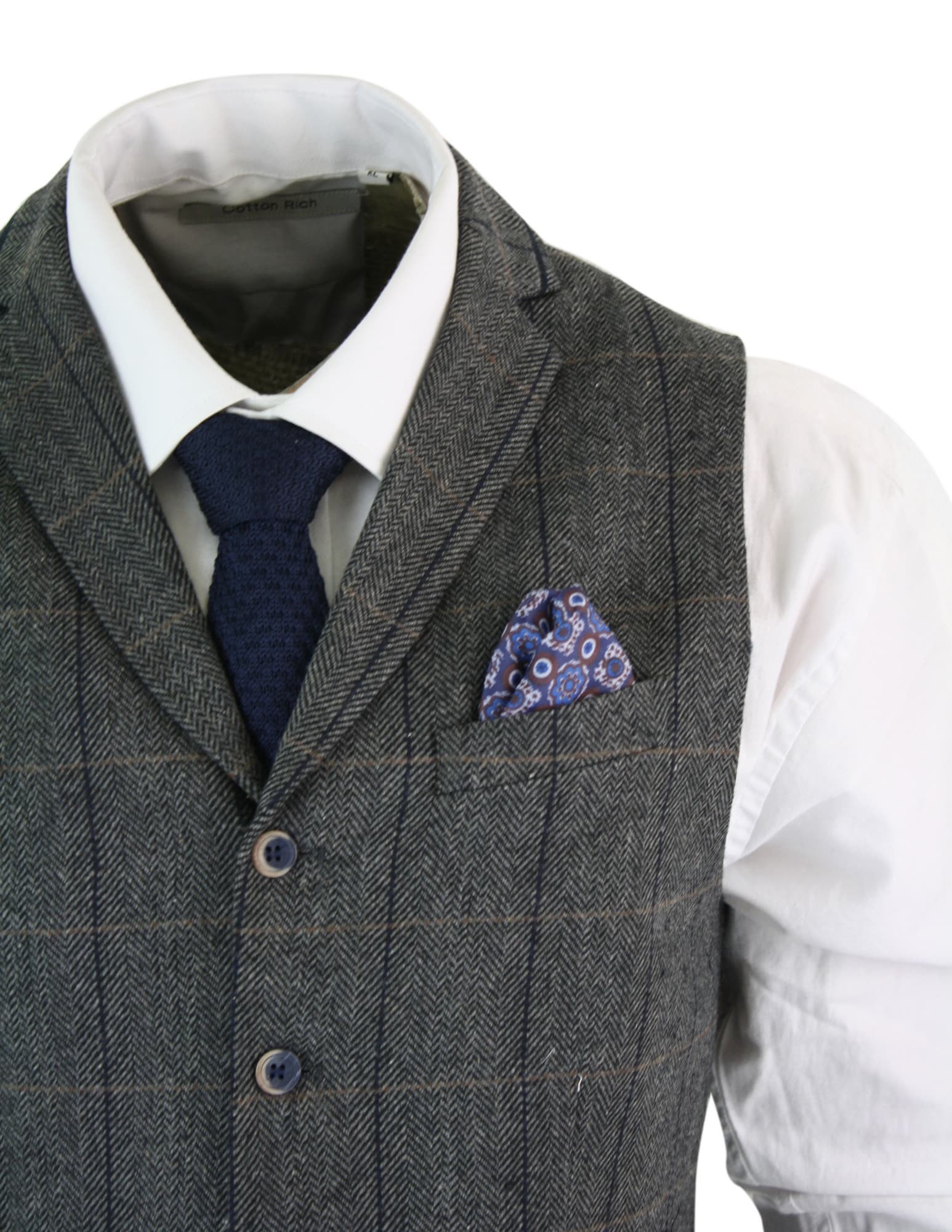 Cavani Albert - meeste klassikaline tviidmustriga kalasabamustriga ruuduline pruun-hall kitsas vintage-vest - tumesinine