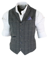 Cavani Albert - meeste klassikaline tviidmustriga kalasabamustriga ruuduline pruun-hall kitsas vintage-vest - tumesinine