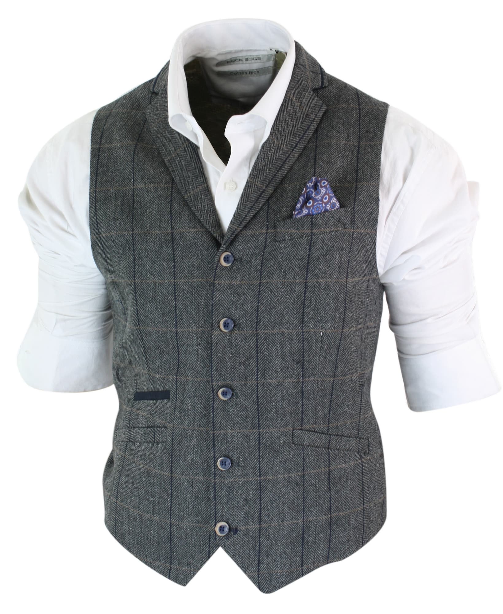 Cavani Albert - meeste klassikaline tviidmustriga kalasabamustriga ruuduline pruun-hall kitsas vintage-vest - tumesinine