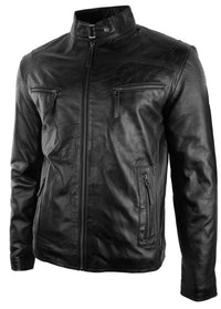 Meeste pärisnahast biker-stiilis vintage must lukuga taskutega vabaaja liibuv jope - must