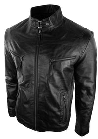 Meeste pärisnahast biker-stiilis vintage must lukuga taskutega vabaaja liibuv jope - must
