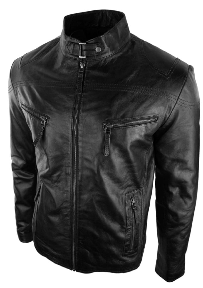 Meeste pärisnahast biker-stiilis vintage must lukuga taskutega vabaaja liibuv jope - must