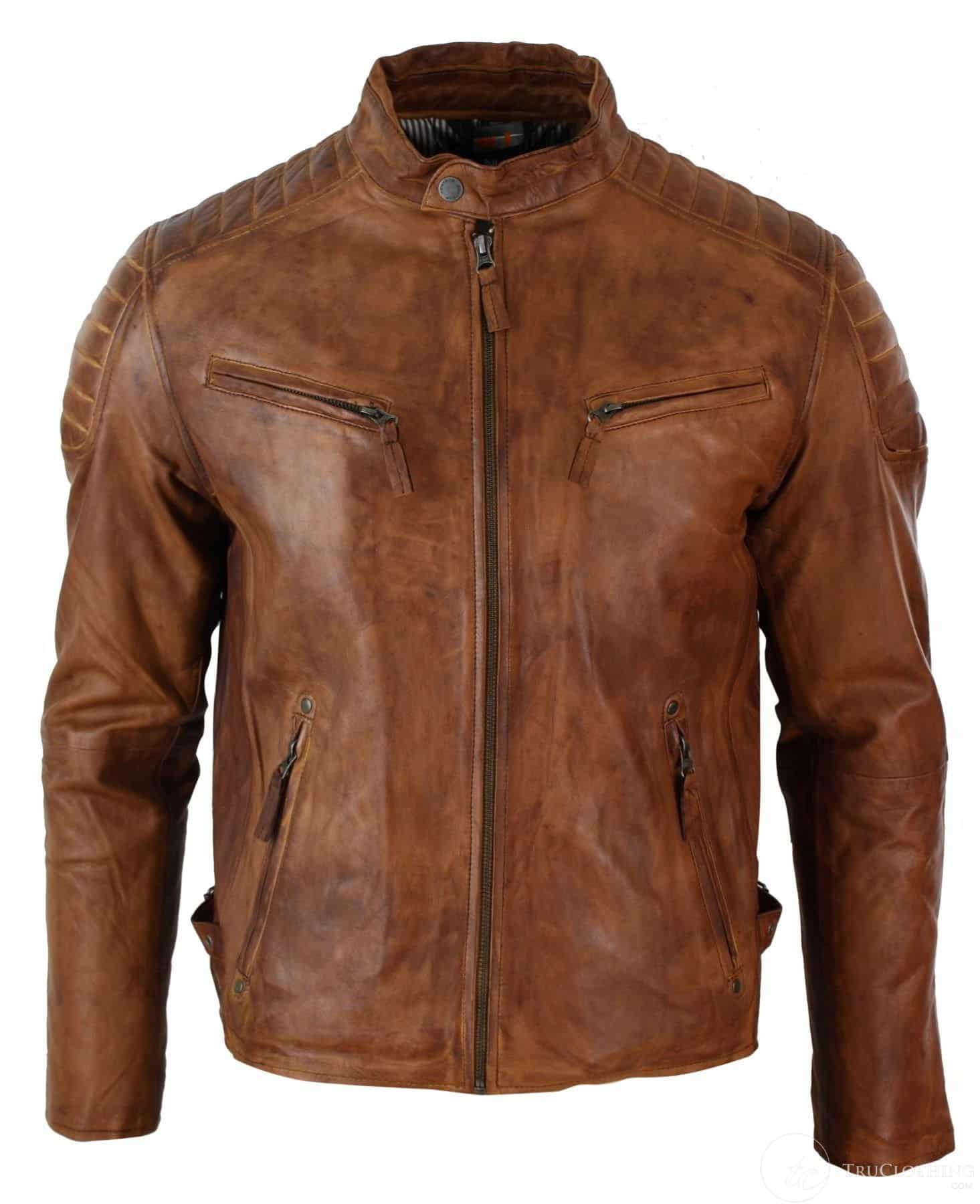 Ehtne pestud nahast kitsas lõige retrostiilis lukuga meeste bikerjakk, helepruun, sinine, urban-Nevada Timber