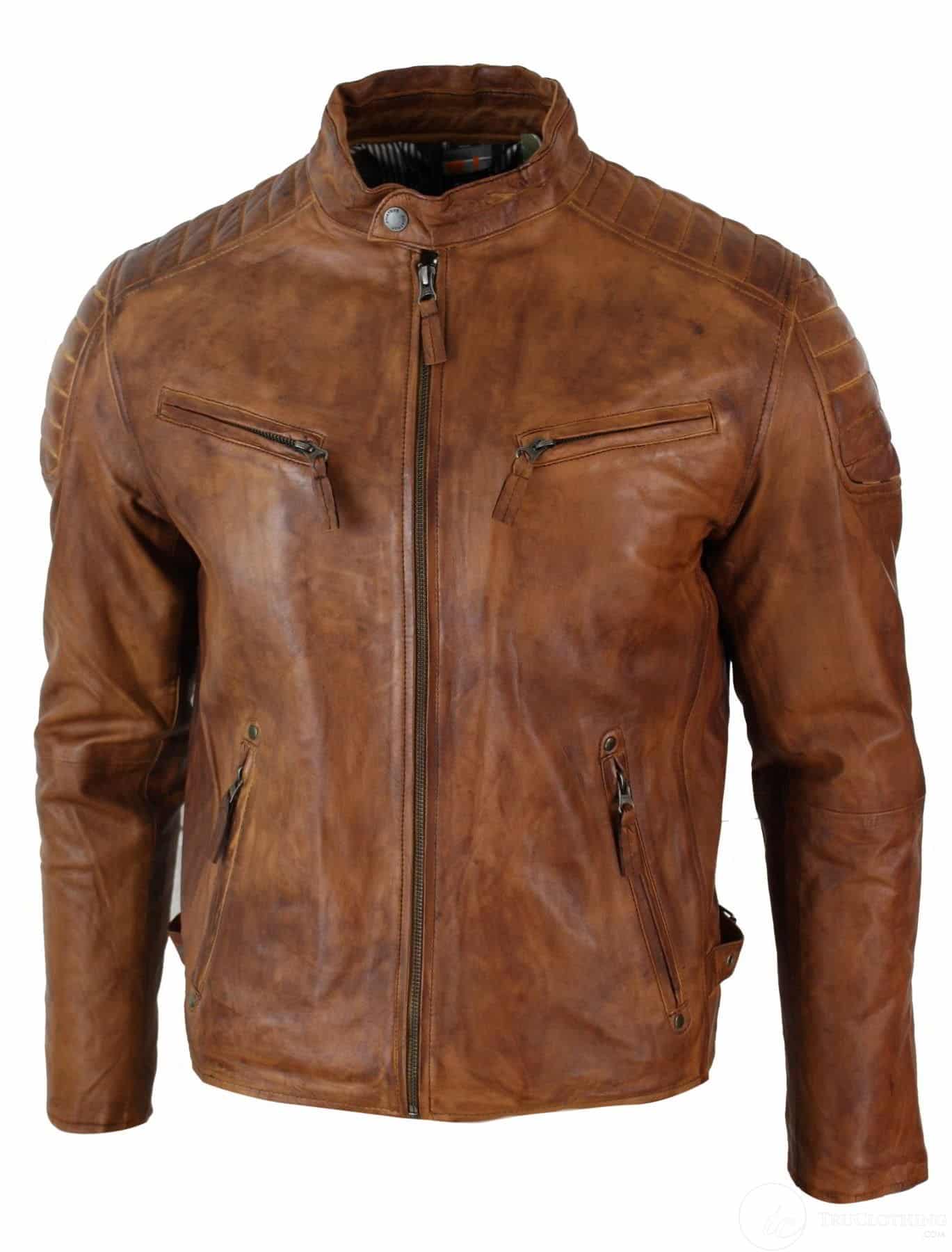 Ehtne pestud nahast kitsas lõige retrostiilis lukuga meeste bikerjakk, helepruun, sinine, urban-Nevada Timber