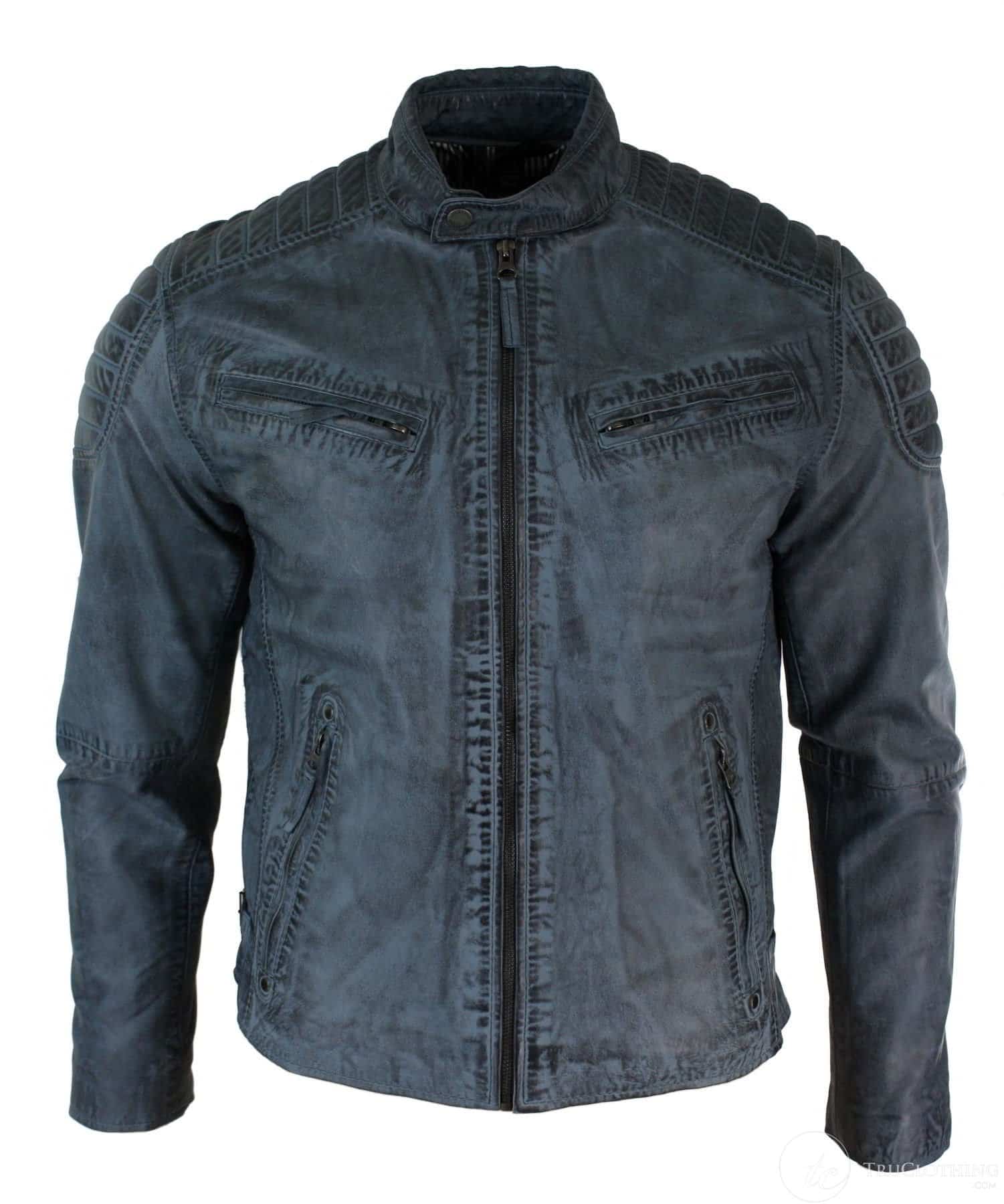 Ehtne pestud nahast kitsas lõige retro stiilis lukuga meeste bikerjakk, helepruun, sinine, urban-zulu sinine