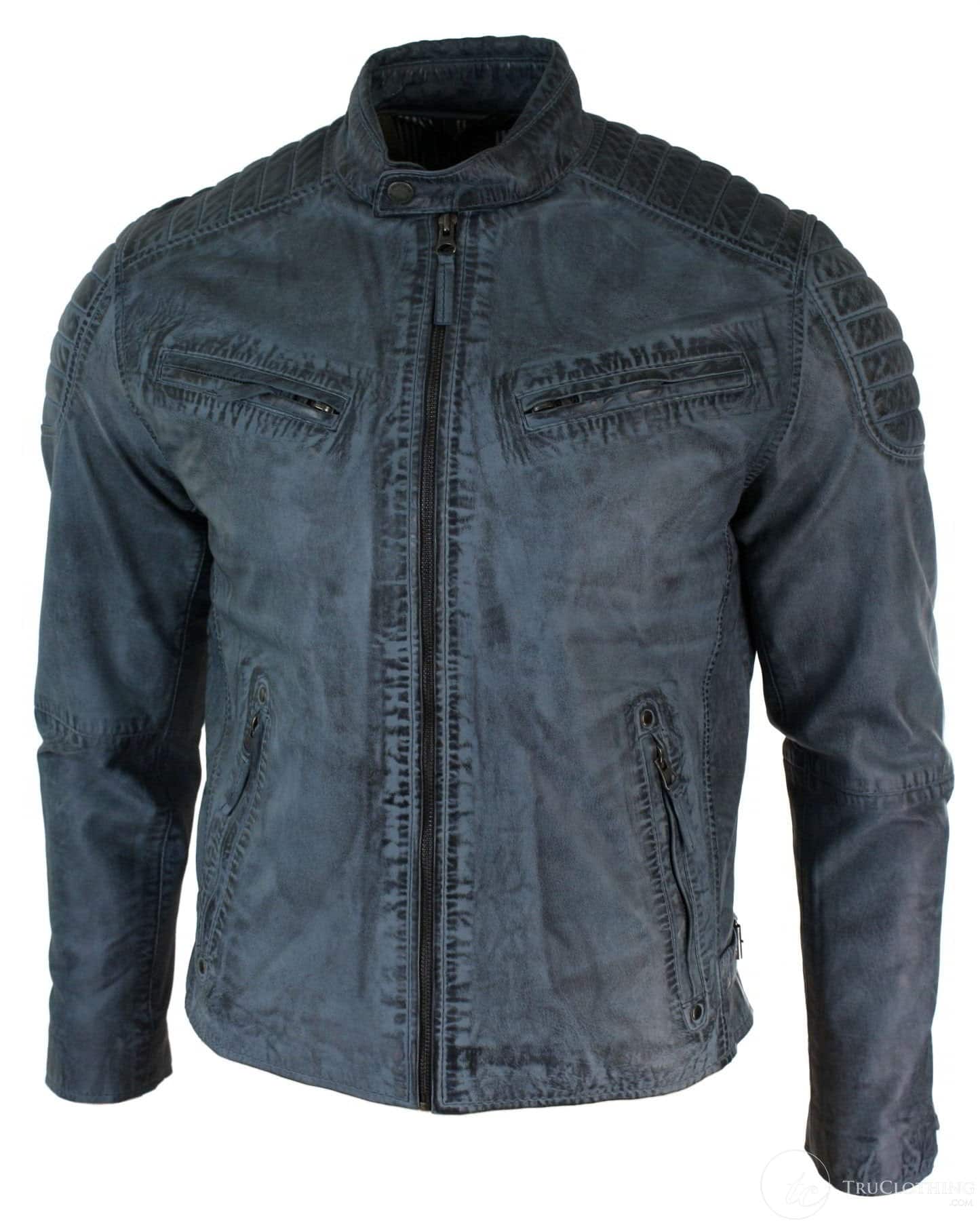 Ehtne pestud nahast kitsas lõige retro stiilis lukuga meeste bikerjakk, helepruun, sinine, urban-zulu sinine