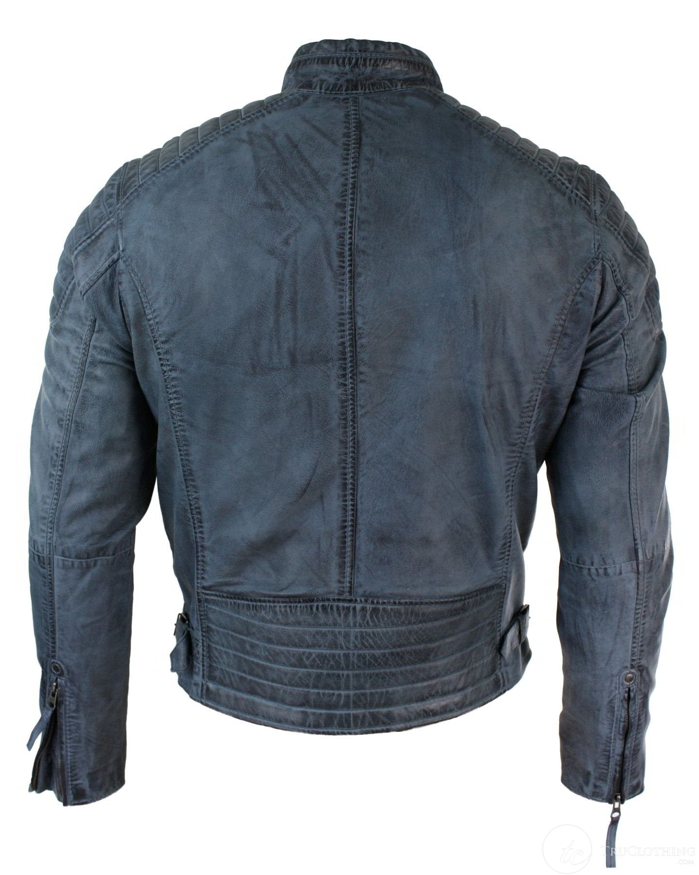 Ehtne pestud nahast kitsas lõige retro stiilis lukuga meeste bikerjakk, helepruun, sinine, urban-zulu sinine