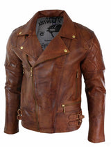Ehtne nahk, kitsas lõige, risti lukuga, retro-vintage pruun biker-punk-rokk meeste jope - Nevada Timber
