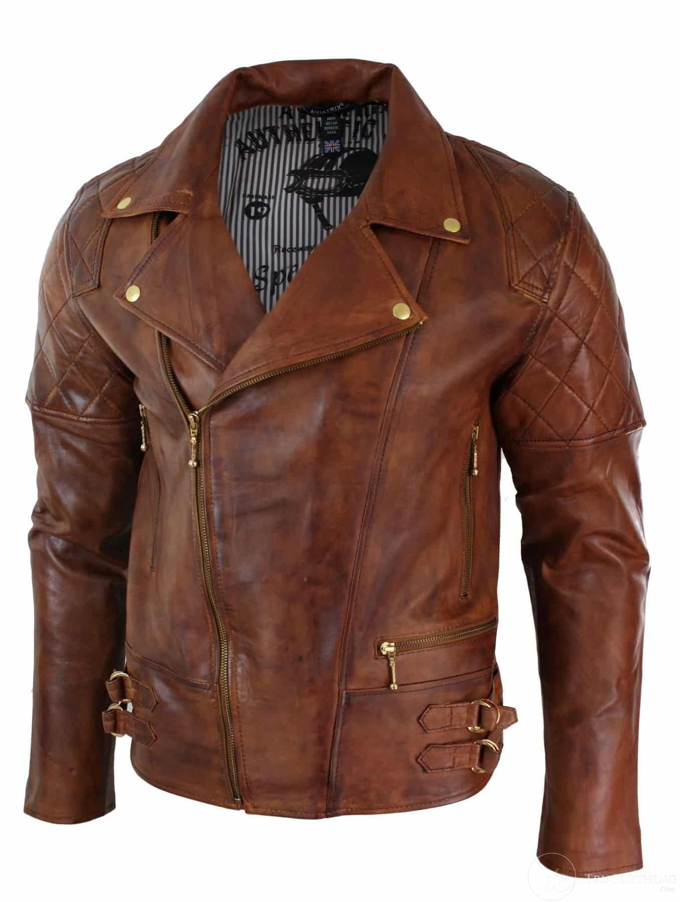 Ehtne nahk, kitsas lõige, risti lukuga, retro-vintage pruun biker-punk-rokk meeste jope - Nevada Timber