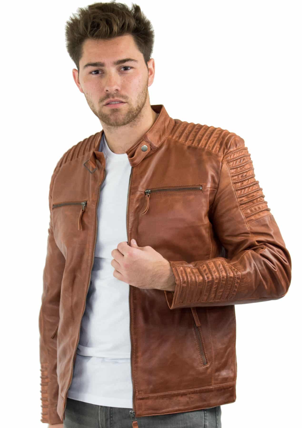 Ehtne nahk, kitsas lõige, pruun, pestud vintage meeste jope lukuga, vabaaja