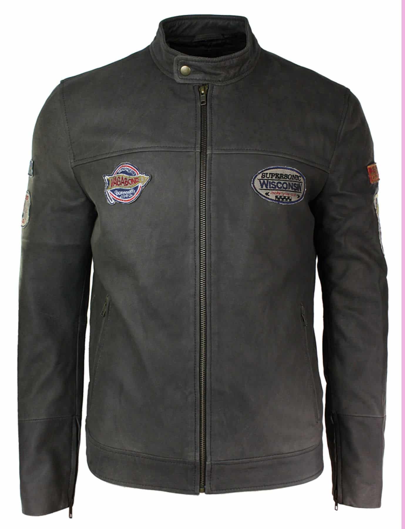 Ehtne nahast vintage pruun võidusõidumärgiga meeste bikerjakk, pestud, kulunud, kitsas lõige