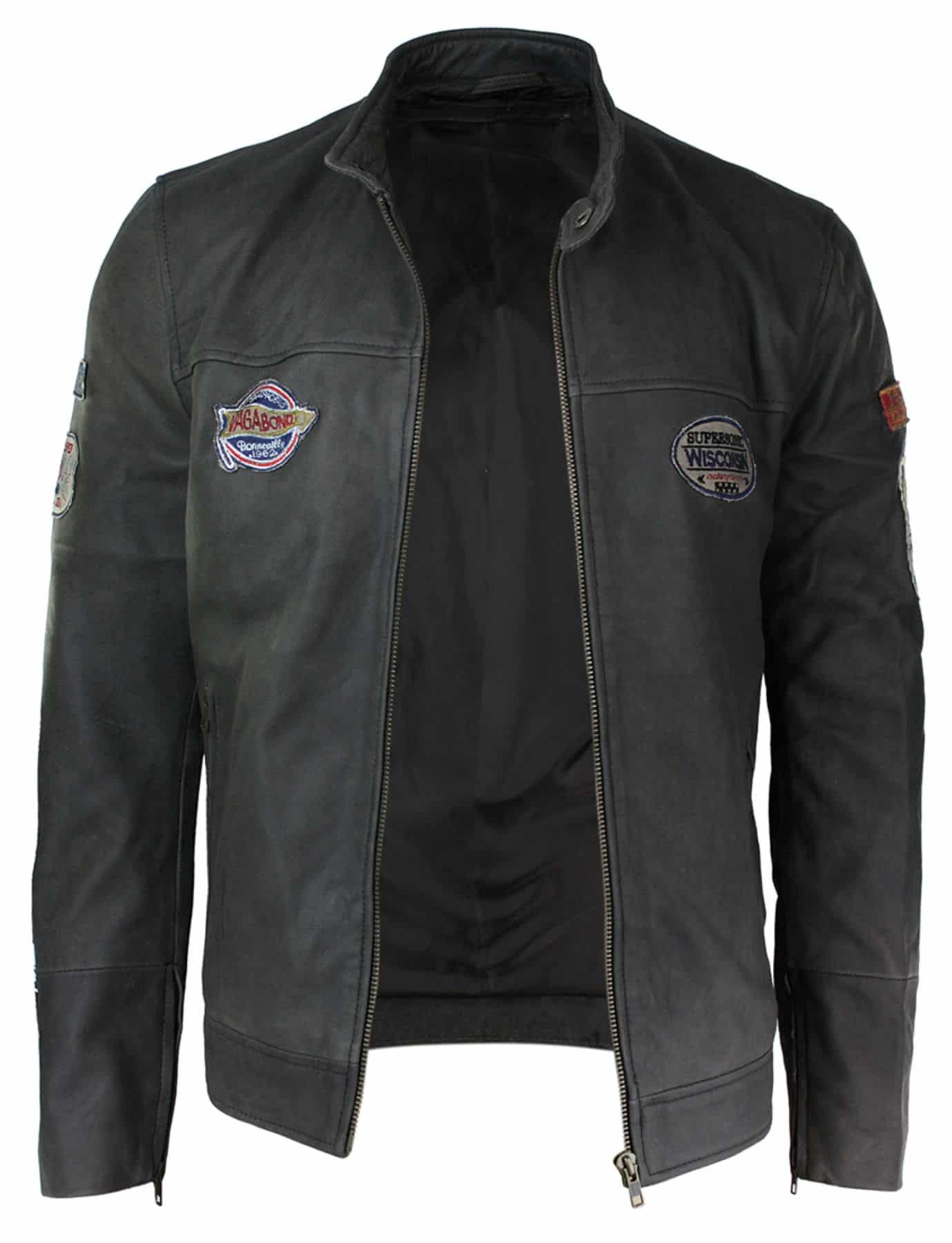 Ehtne nahast vintage pruun võidusõidumärgiga meeste bikerjakk, pestud, kulunud, kitsas lõige