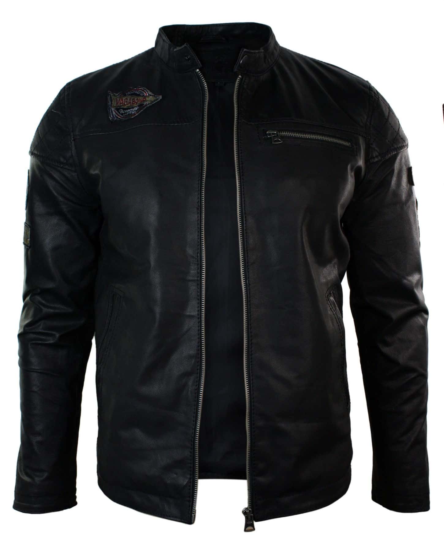 Ehtne pärisnahast meeste must õhuke lõige retro vintage vabaaja bikerstiilis jope rinnamärkidega